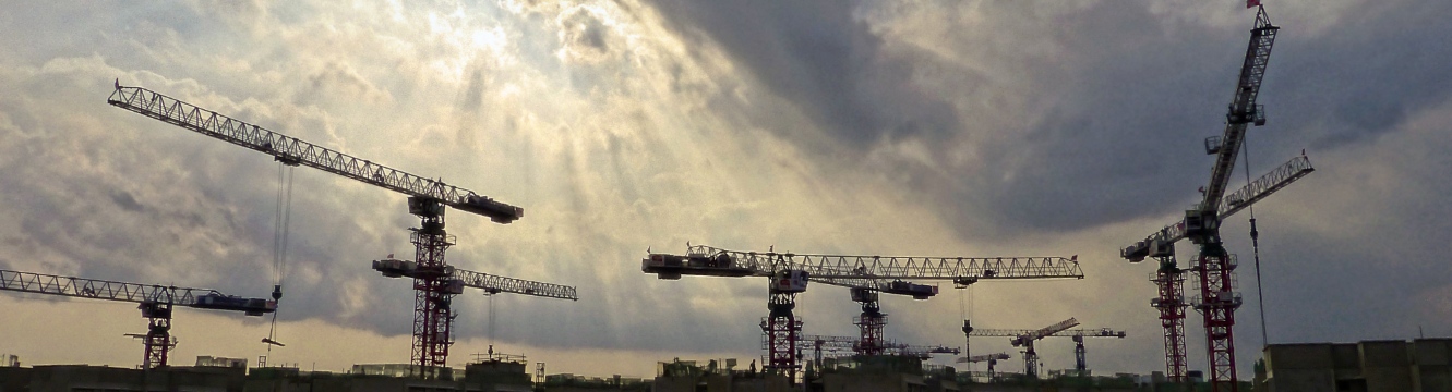 Plusieurs grues sont prises en photos, avec un ciel nuageux qui laisse passer quelques rayons du soleil 